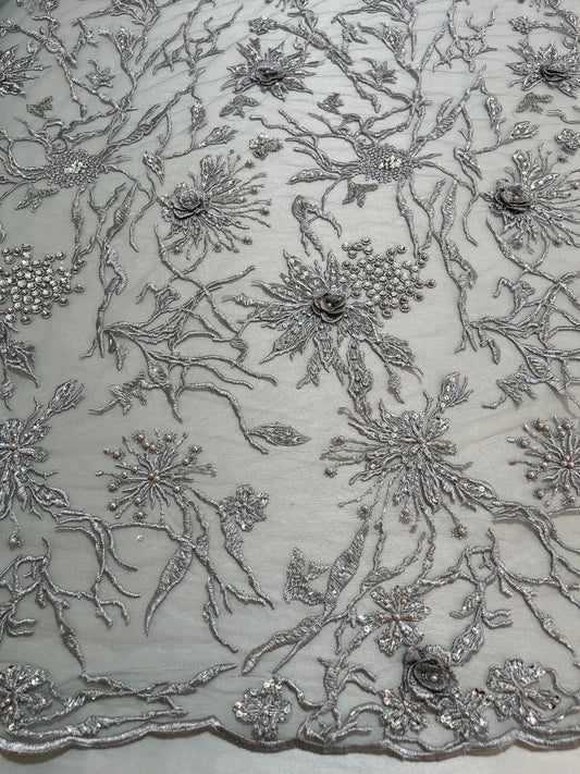 TUL BORDADO FLOR DE PLATA