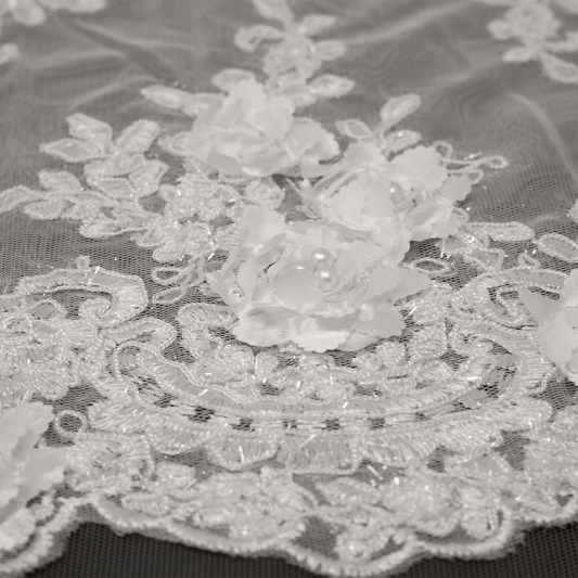 TUL BORDADO 3D FLOR TRIPLE CON PERLITAS