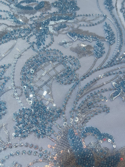 TUL BORDADO AZUL CIELO CON HOJAS