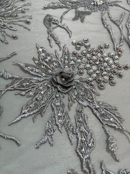 TUL BORDADO FLOR DE PLATA