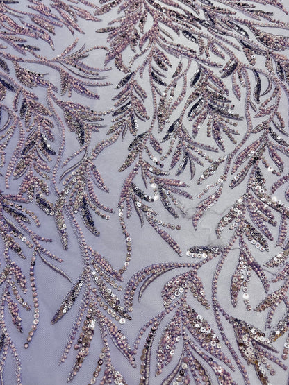 TUL BORDADO DE HOJAS LILA CON LENTEJUELA