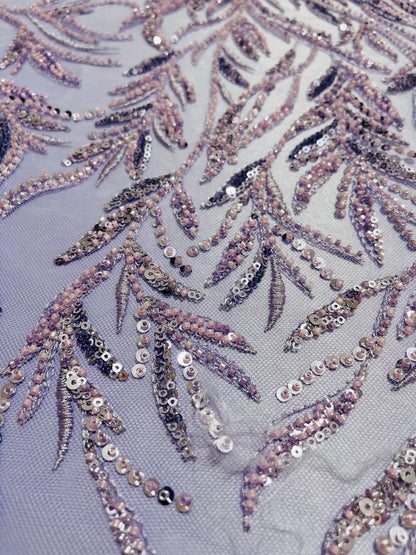 TUL BORDADO DE HOJAS LILA CON LENTEJUELA