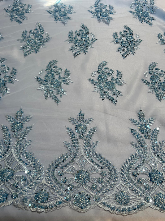 TUL BORDADO AZUL CIELO FLORAL