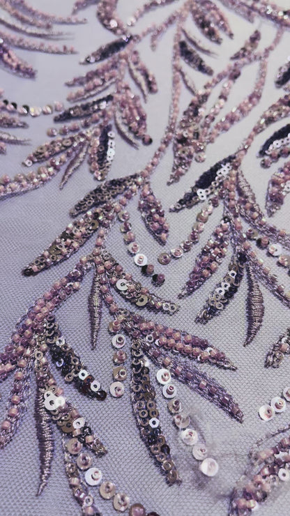 TUL BORDADO DE HOJAS LILA CON LENTEJUELA