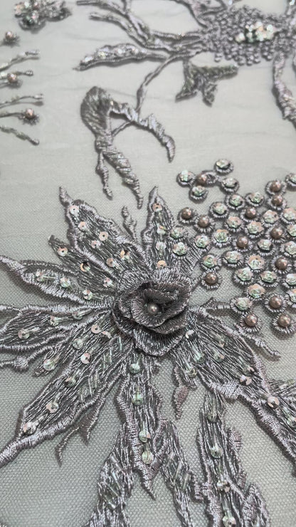 TUL BORDADO FLOR DE PLATA